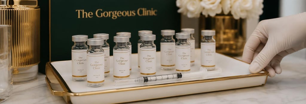 Photorealistic still life of a sterile tray with small glass vials and a single syringe, gloved hand adjusting the tray, warm gold and forest green accents, shallow depth of field, editorial clinical detail, no needles in skin shown.