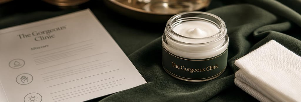 Photorealistic aftercare still life: small glass jar of soothing cream, folded gauze, an aftercare leaflet without readable text, forest green cloth, warm cream lighting, single focal point, premium clinical aesthetic.