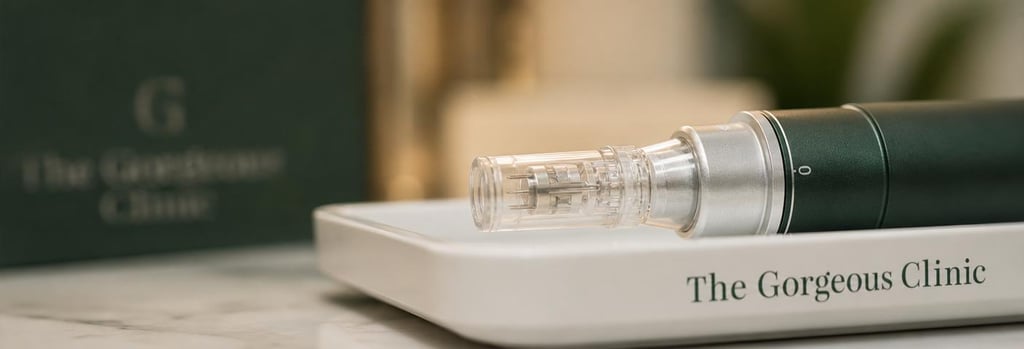 Photorealistic close-up of a sterile microneedling device head on a clean tray, shallow depth-of-field, soft cream and forest green tones, editorial clinical-luxury mood, single focal point on device needles (retracted or safe appearance), no blood, realistic sterile detail.