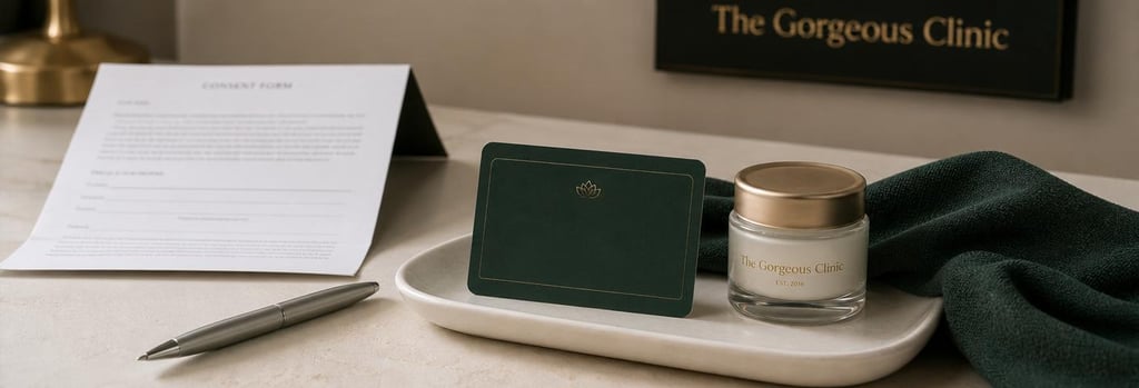 Photorealistic close-up of a consultation desk detail: folded consent form (unreadable), neat pen, appointment card without text and a small jar of cream on a cream ceramic tray, forest green cloth accent, soft editorial lighting, single focal point, premium medical aesthetics feel.