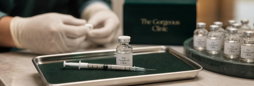 Photorealistic still life of glass vials and a sterile tray with a small labelled syringe (label unreadable), gloved hands in soft focus, warm neutral tones with forest green accent, editorial clinical-luxury feel, single focal point on syringe and vial, clean composition.
