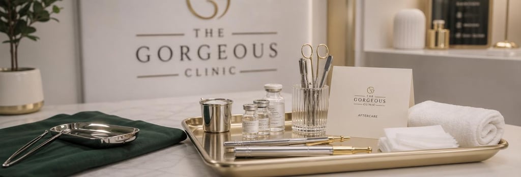 Photorealistic still life of polished medical instruments on a sterile tray, small vials, gauze and a folded aftercare card (unreadable), soft cream and brushed gold accents with forest green cloth, single focal point on tray, premium clinical-luxury editorial feel.