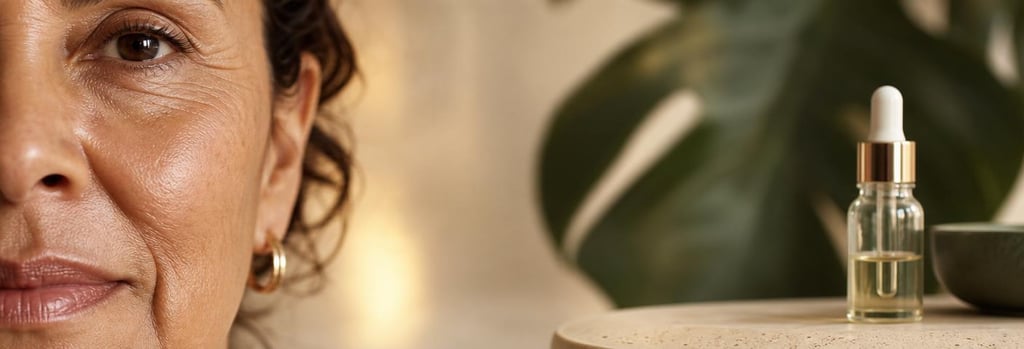 Photorealistic macro image of mature deeper-skinned Latina and Latino skin texture showing fine lines around the eye and perioral area, elegant clinical still-life composition, warm cream and forest green tones, single focal point, shallow depth of field, editorial medical-aesthetic feel, no logos or text