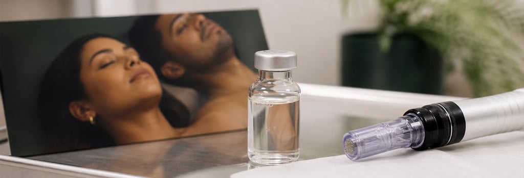 Photorealistic close-up of a sterile glass vial and micro-needling pen tip on a clinical tray, a deeper-skinned Latina and Latino treatment card blurred behind, warm cream and forest green accents, single focal point, editorial medical aesthetic feel, no logos or text