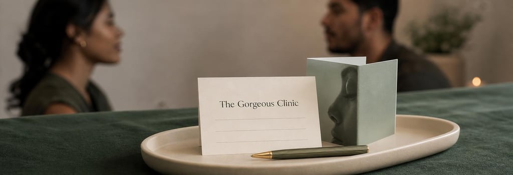 Photorealistic still life of an appointment card, a folded aftercare leaflets and a pen on a cream ceramic tray, forest green cloth and a blurred deeper-skinned Latina and Latino profile in the soft background, single focal point, premium clinical editorial tone, no logos or text