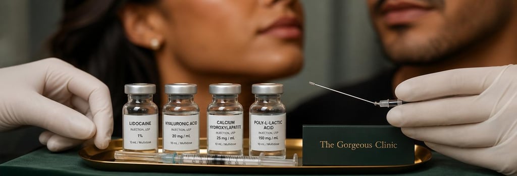 Photorealistic close-up of a sterile tray with small clear vials labelled generically, a fine-gauge cannula and gloved hands poised, deeper-skinned Latina and Latino jawline detail blurred in background, forest green and gold tones, single focal point, premium clinical feel, no logos