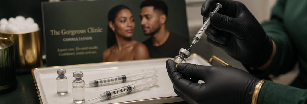 Photorealistic still life of polished syringes and small vials on a sterile tray, with a cropped pair of gloved hands preparing a micro-dose, subtle forest green and warm gold accents, deeper-skinned Latina and Latino consultation card blurred in background, editorial medical-luxury mood, no logos