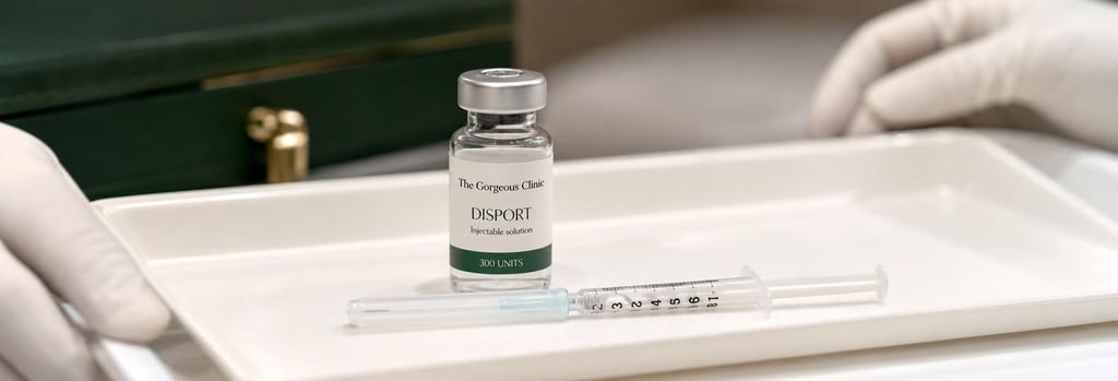 Photorealistic close-up of a sterile tray with a labelled vial and a single syringe on a clinical tray, gloved hands in soft focus, warm cream and forest green accents, editorial clinical feel, single focal point, no needles entering skin, no branding.