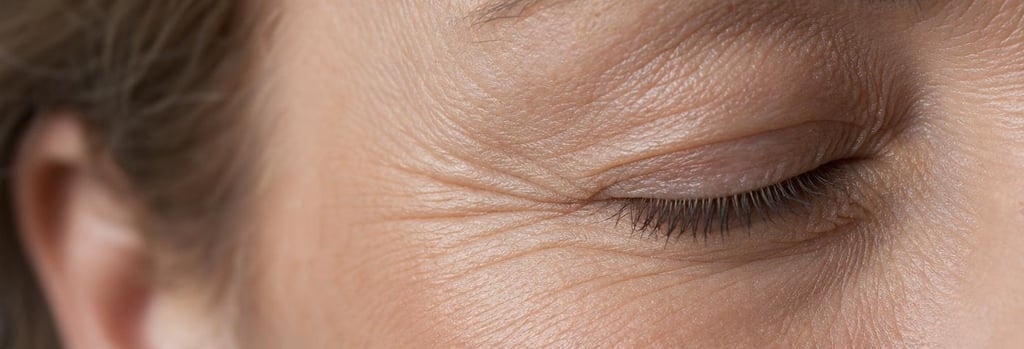 Photorealistic macro image of mature skin texture, close-up showing natural fine lines and gentle crepe texture, soft clinical lighting, neutral cream surface, single focal point, realistic pores and skin tone, editorial medical-aesthetics feel, no branding.