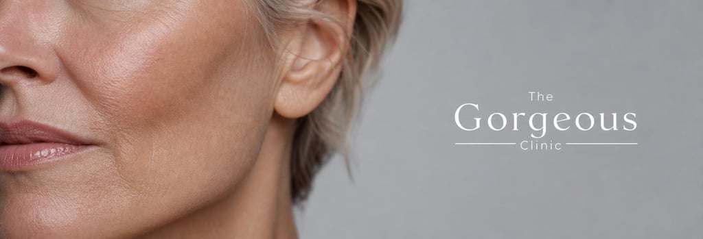 Photorealistic close-up of a tasteful cheek and jawline area, partial face of a mature person, subtle contouring visible, single focal point on skin surface, soft clinical lighting, no exaggerated filler, elegant editorial feel.
