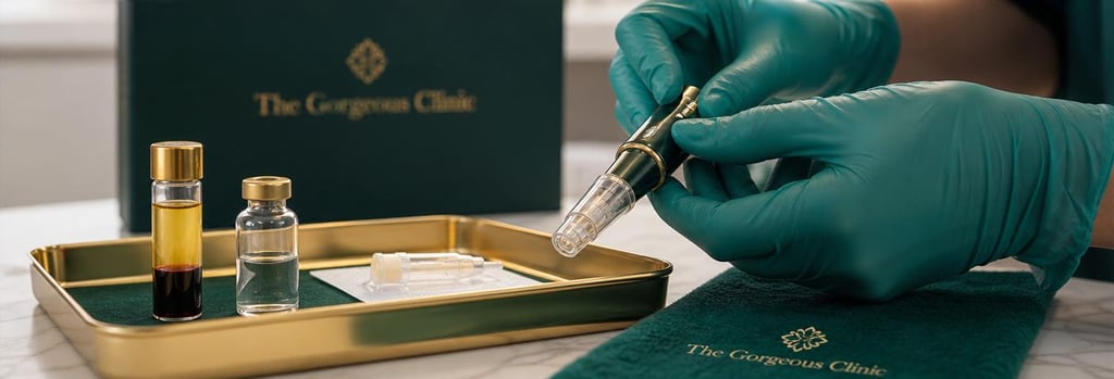 Photorealistic still life of glass vials and a small sterile tray, single PRP tube visible but unlabeled, gloved hands preparing a microneedling device in soft clinical lighting, forest green and warm gold accents, editorial medical detail, single focal point.