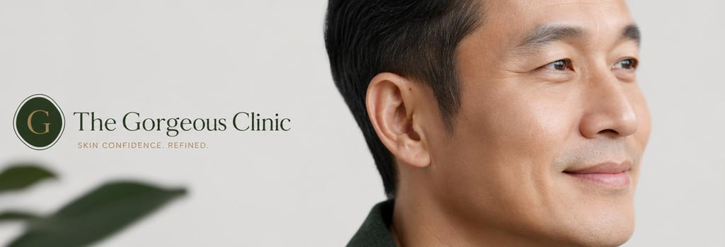 Photorealistic portrait detail of a Chinese man with excellent skin, tasteful cropped profile, slight smile suggesting approachable style, neutral clinical background, subtle forest green accent, editorial quality, celebrates mature masculine skin, safe-for-work.