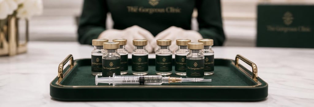 Photorealistic still life of sterile tray with labelled (non-readable) glass vials and a single polished syringe, gloved hands blurred in background, clinical-luxury feel with forest green and soft cream tones, shallow depth-of-field, editorial quality.