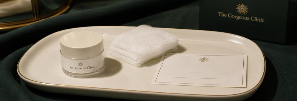Photorealistic still life of aftercare objects: clean cream ceramic tray with small pot of aftercare cream, folded gauze, and an appointment card (no readable text), forest green cloth background, warm cream highlights, editorial clinical-luxury composition.