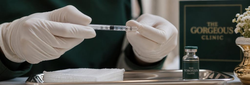 Photorealistic close-up of gloved hands holding a small syringe above a sterile gauze, polished metal tray and vial in soft focus, clinical-luxury tones of cream and forest green, no needles entering skin, editorial medical aesthetic composition.