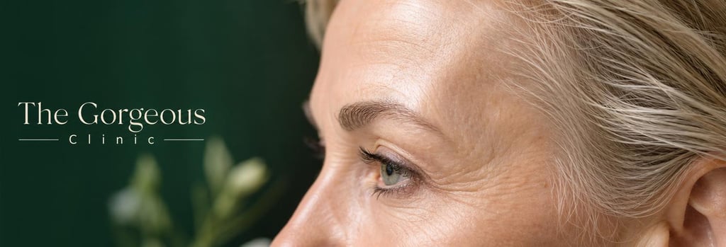 Photorealistic macro of mature temple skin texture and subtle hollowing, soft clinical lighting, cropped profile of an older female temple area, natural pores and realistic skin tones, forest green and cream hints in backdrop, single focal point