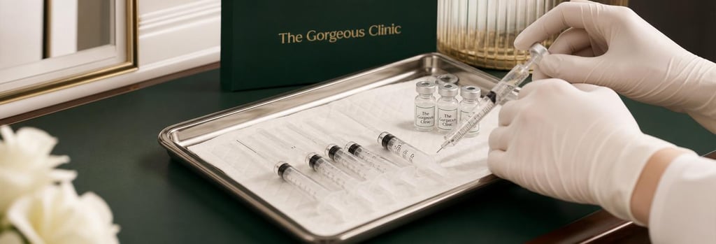 Photorealistic still life of a sterile tray with single-use syringes, small vials and gloved hands preparing equipment, elegant cream and forest green surfaces, editorial clinical-luxury lighting, neat composition, single focal point