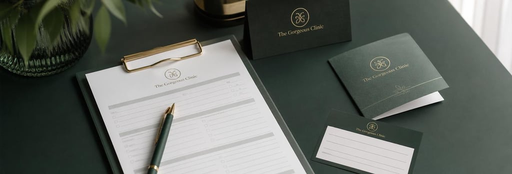 Photorealistic close-up of a consultation form and appointment card on a forest green surface, a pen and folded aftercare card visible, clinical-luxury lighting, single focal point, no readable text, tidy composition