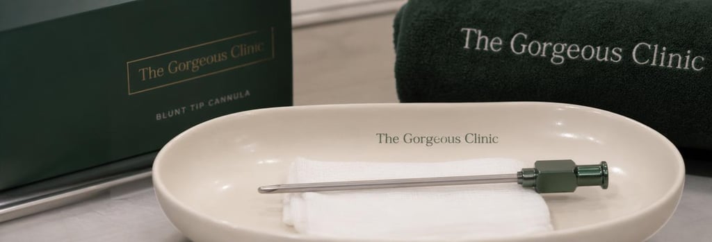 Photorealistic close-up of a blunt-tipped cannula and sterile gauze on a cream ceramic tray, soft clinical lighting, forest green accents, editorial medical still life, single focal point