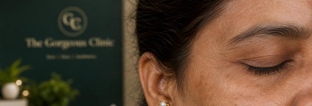 Photorealistic close-up of mature Indian woman's temple and upper cheek in soft clinical lighting, natural skin texture, tasteful editorial feel, forest green and cream hints in background, single focal point