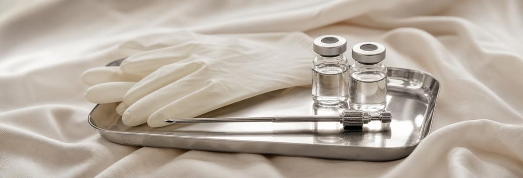 Photorealistic still life of a sterile tray with glass vials, sterile gloves and a polished cannula, arranged on a soft cream cloth. Editorial clinical-luxury feel, soft light, single focal point, no branding or readable labels.