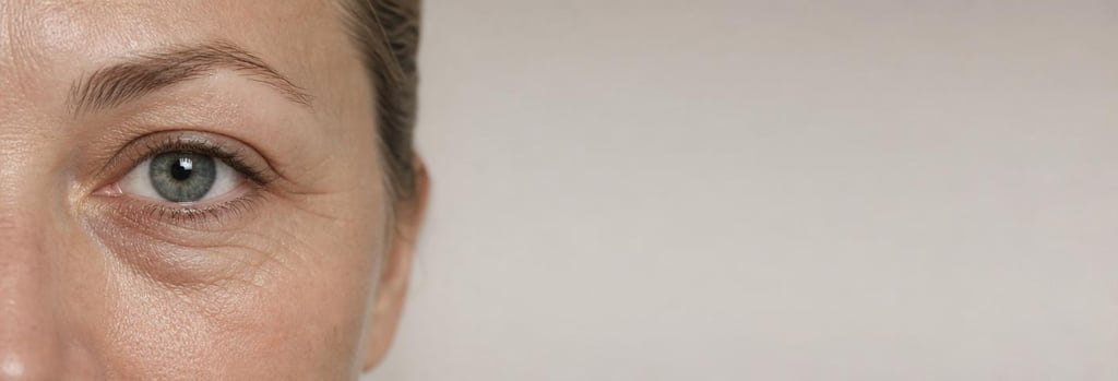 Photorealistic macro image of mature skin texture around the under-eye area, showing fine lines and gentle shadowing. Focus on realistic pores and crepey texture, soft clinical lighting, ample negative space, no branding.