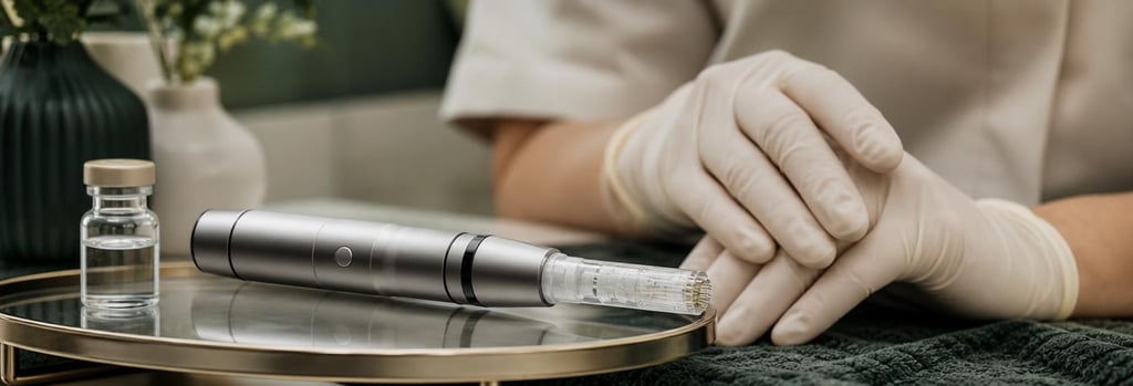 Photorealistic close-up of a sterile micro-needling device resting on a glass tray next to a small vial and gloved hands. Editorial, calm clinical-luxury styling, soft cream and forest green tones, no visible text or branding.