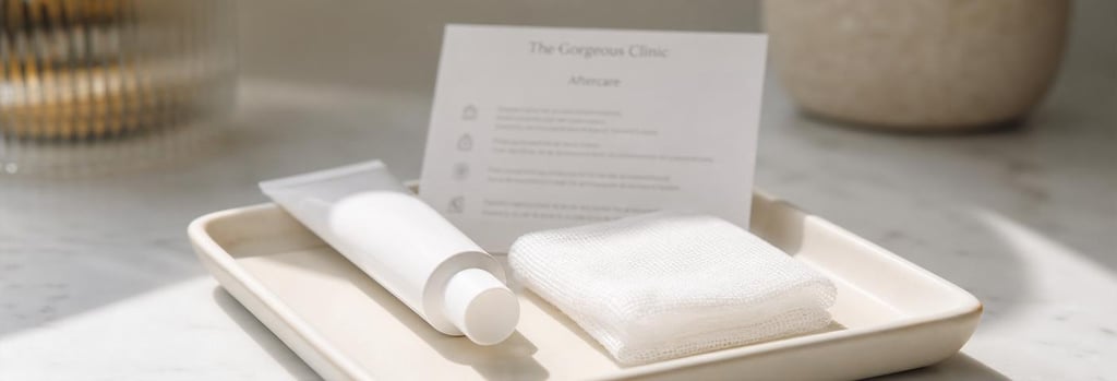 Photorealistic image of a small aftercare kit on a cream ceramic tray: sunblock tube without readable label, folded gauze, and a printed aftercare card shown out of focus. Editorial clinical-luxury styling, single focal point, soft light, no branding.