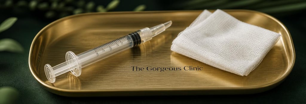 Photorealistic still life of a single polished syringe and a sterile gauze on a brushed gold tray. Calm clinical-luxury lighting, forest green background blur, no needles entering skin and no branding.