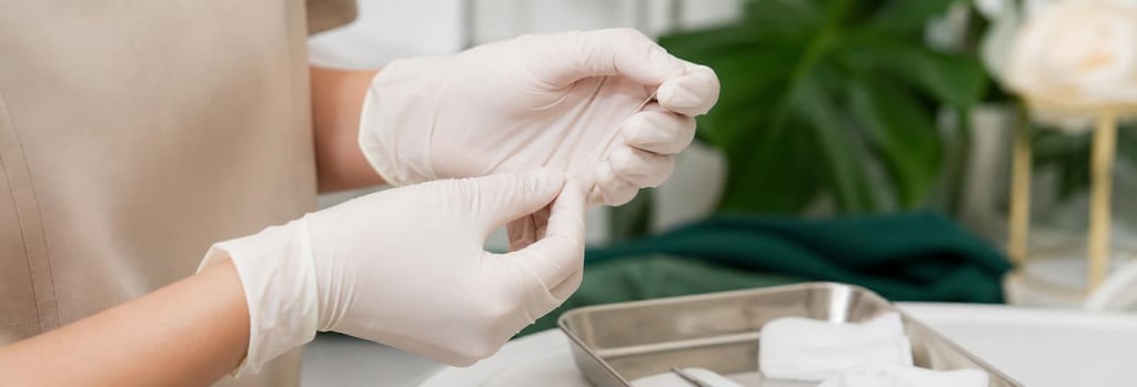 Photorealistic close-up of gloved hands holding a fine dissolvable thread over a sterile tray, soft cream and forest green accents, editorial clinical detail, shallow depth-of-field, no text or branding.
