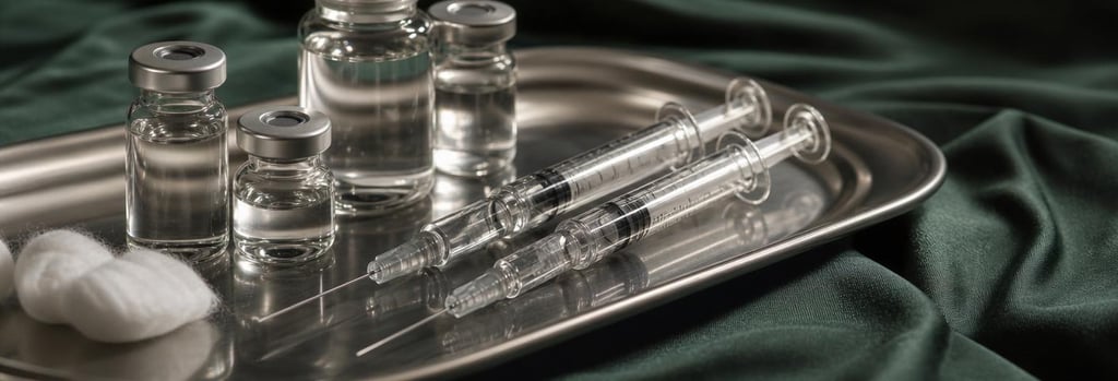 Photorealistic still life of polished syringes and glass vials on a sterile tray, soft clinical-luxury lighting, forest green cloth background, shallow depth-of-field, editorial medical aesthetic mood, no text or branding.