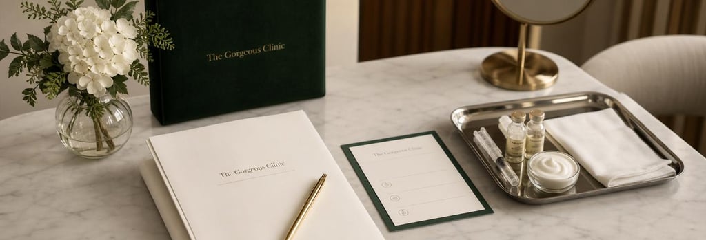 Photorealistic still life of a consultation table with a neatly folded consent form, an aftercare card, and a sterile tray with vials, soft cream and forest green accents, editorial clinical-luxury feel, no readable text or logos.