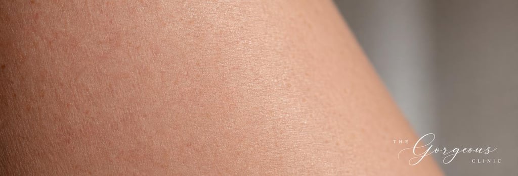 Photorealistic macro image of mature skin texture showing slight redness and natural pores, soft clinical lighting, shallow depth of field, no visible bruising, refined neutral background, editorial medical-luxury feel, single focal point on skin texture, no people identifiable.