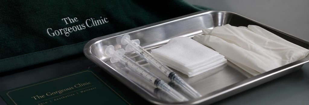 Photorealistic close-up of a sterile tray with single-use syringes, sterile gauze and disposable gloves, soft neutral clinical lighting, forest green fabric in background, elegant editorial composition, single focal point on tray items.