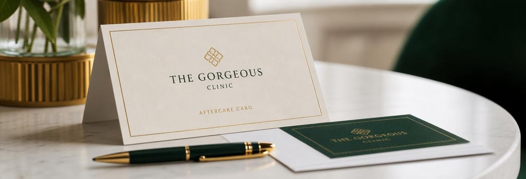 Photorealistic close-up of a consultation desk with a folded aftercare card, pen and appointment card (no readable text), soft forest green and gold accents, shallow depth of field, editorial medical-luxury composition, single focal object on aftercare card.