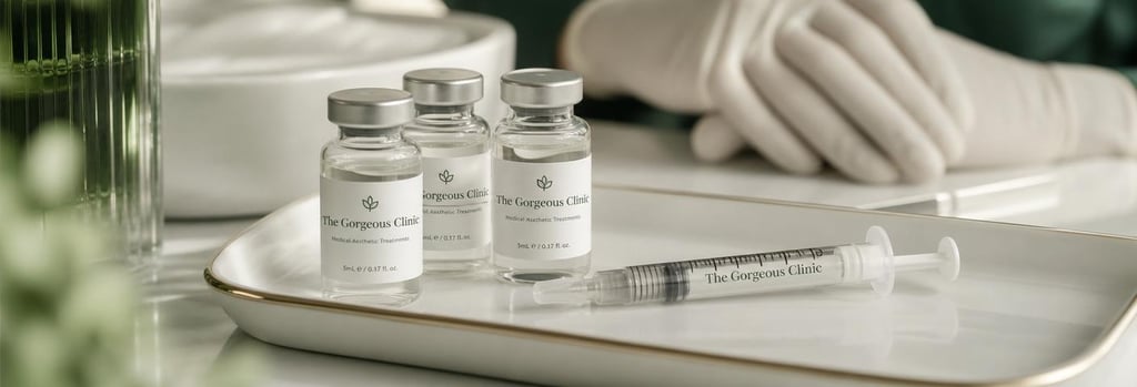 Photorealistic still life of clear glass vials and a single labelled syringe on a sterile tray (no readable branding), gloved hands slightly blurred in background, soft forest green and cream palette, editorial clinical-luxury mood, single focal point on vials and syringe.