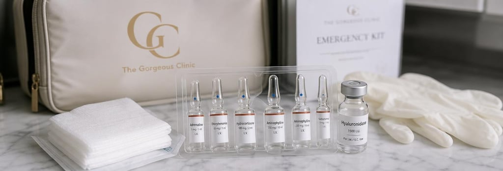 Photorealistic close-up of a clinical emergency kit laid out on a marble surface: labelled medical ampoules (no readable branding), small vial of hyaluronidase implied by generic vial, sterile gauze and gloves, soft editorial lighting, single focal point on ampoules.