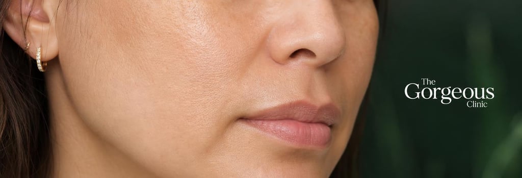 Photorealistic close-up of a woman's cheek and midface, ethnic origin around 40s, gentle clinical lighting, subtle contour showing cheek projection, soft cream and forest green tones, focus on natural skin and structure, no visible instruments.