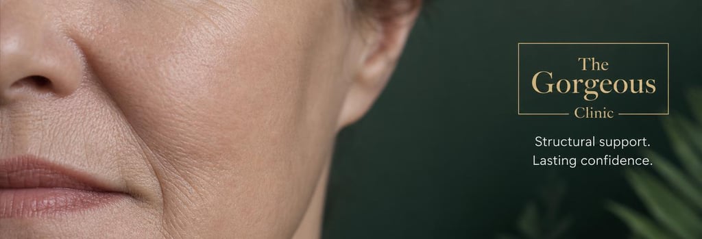 Photorealistic close-up of mature skin texture on the cheek, soft clinical lighting, visible natural pores and fine lines, subtle shadowing to show contours, cosmetic clinic feel, forest green background accents, no people fully visible, conveys structural support and texture.
