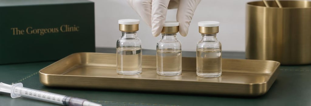 Photorealistic still life of glass vials and gloved hands on a sterile tray, elegant clinic materials, brushed gold and forest green accents, soft clinical lighting, clean composition emphasising safety and precision, no readable labels.