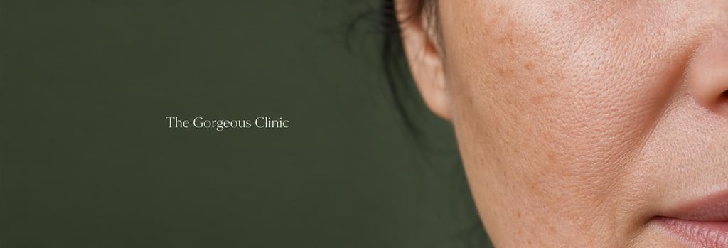 Photorealistic macro image of mature skin texture under soft clinical light, close-up of cheek area showing pores and natural texture, subtle forest green background, single focal point, negative space, editorial medical-aesthetic feel, no branding, realistic skin detail.