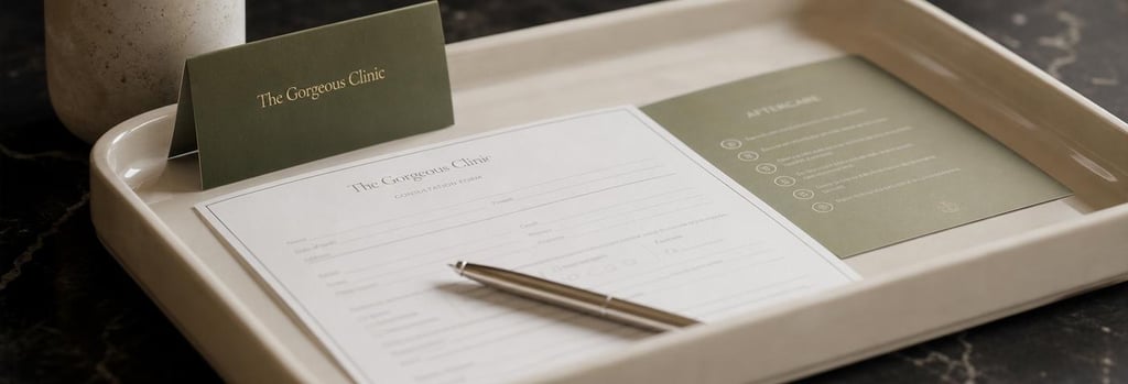 Photorealistic close-up of a consultation form and aftercare card on a cream ceramic tray, pen and a folded green appointment card, shallow depth of field, tactile medical-aesthetic still life, no readable text, premium feel.