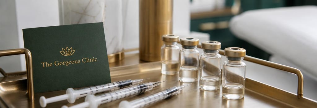 Photorealistic still life of polished syringes and small glass vials on a sterile tray, brushed gold and forest green accents, single focal point, editorial clinical composition, no brand labels, calm lighting.