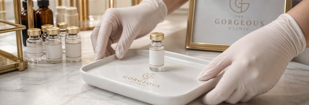 Photorealistic still life of glass vials and a sterile tray with a single labelled vial (no readable brand text), pair of gloved hands arranging the tray, soft cream and gold tones, editorial clinical detail, single focal point, no needles penetrating skin.