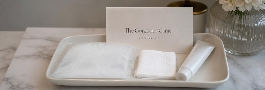 Photorealistic close-up of an aftercare kit on a cream ceramic tray: cold pack, small gauze, topical cream tube without readable labels, folded instruction card without text, soft clinical lighting, single focal point, luxury clinic aftercare composition.