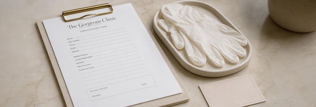 Photorealistic still life of a consultation form and a pair of sterile gloves on a cream ceramic tray, an appointment card beside them without readable text, soft clinical lighting, single focal point, premium clinic material detail.