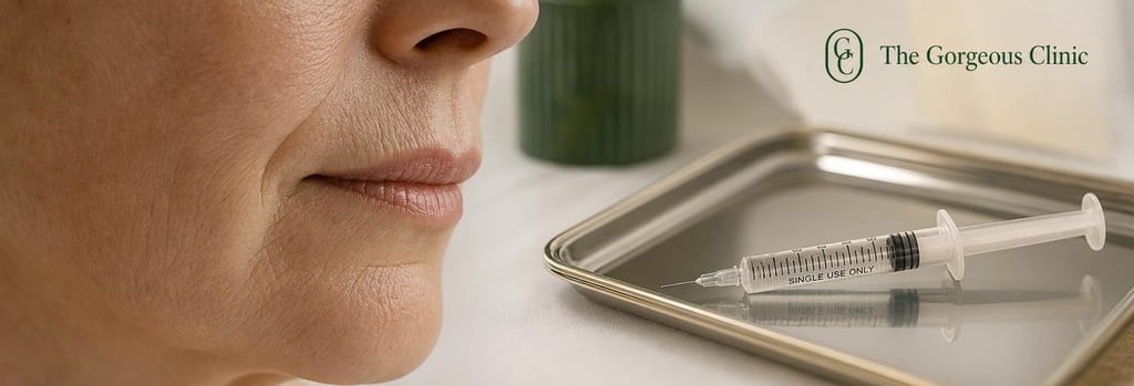 Photorealistic macro image of mature skin texture and a single sterile syringe on a polished tray, clean clinical surface, soft warm lighting, forest green and cream accents, isolated single focal point, editorial medical-aesthetic feel.