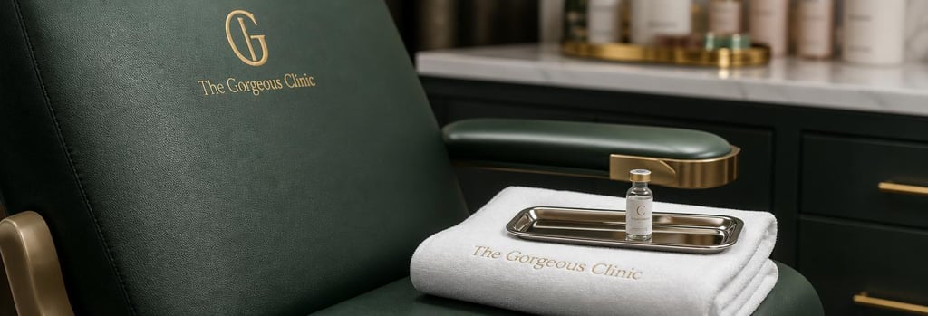 Photorealistic close-up of a treatment chair detail: forest green upholstery, brushed gold arm detail, neatly folded sterile towel and a polished metal tray with a single vial, premium treatment-room material still life, clear focal point.