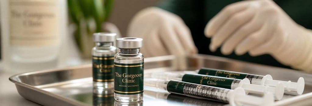 Photorealistic close-up of glass vials and labelled syringes on a sterile tray, gloved hands in background out of focus, warm cream and forest green tones, editorial medical tools still life, single clear focal point.