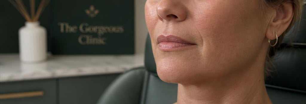 Photorealistic close-up of a calm, cropped lower face and jawline of a mature adult, soft flattering light, natural skin texture, forest green treatment chair blurred in background, no full-face identification, premium clinical tone.